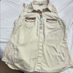BKE Embellished khaki Sleeveless Top, 100% Cotton, Sz L